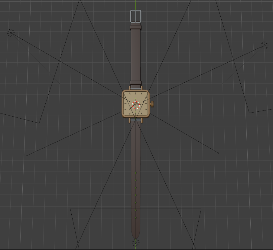 A detailed wristwatch model is centered in a Blender 3D viewport, shown from above with a square beige watch face, brown strap, buckle, side crown, and small hour markers. The surrounding dark gray workspace displays a grid and wireframe outlines of lights and cameras. No readable text is visible, and the scene has a neutral technical tone.